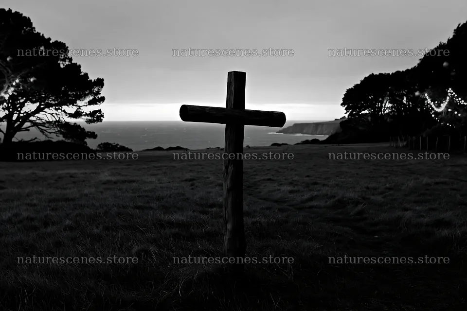 Christian cross in a meadow near the coast – nature scenes 9722x6480