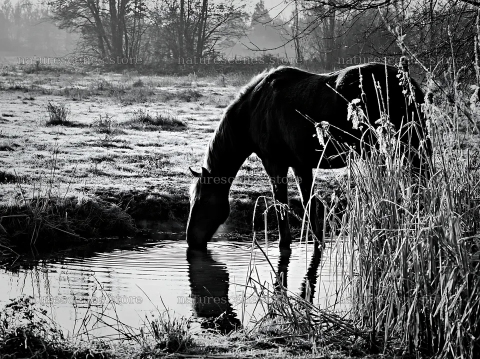 Horse drinking water in a quiet meadow at dawn – nature scenes 9174x6866