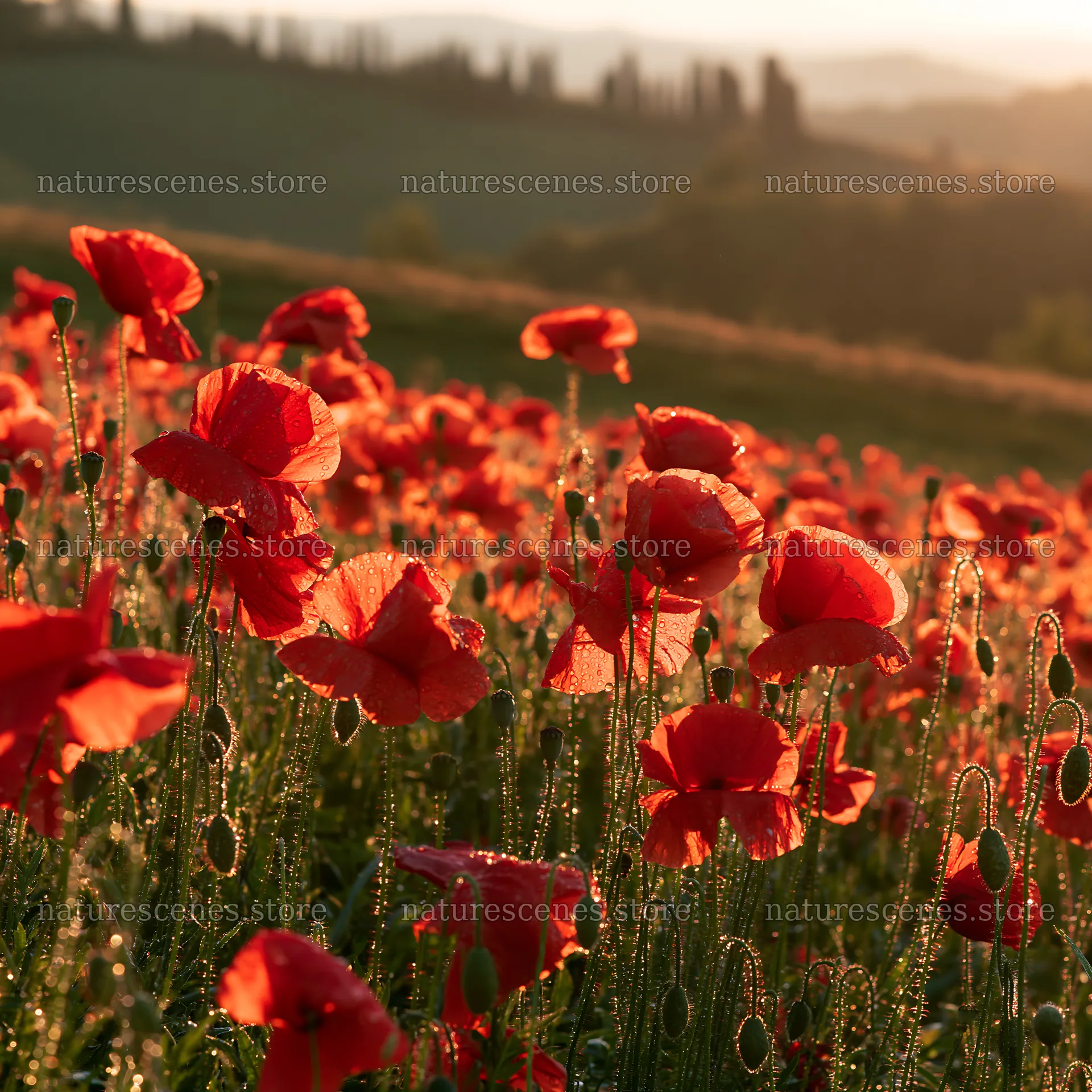 Rainwashed meadow with poppies in soft sunlight – nature scenes 7938x7938