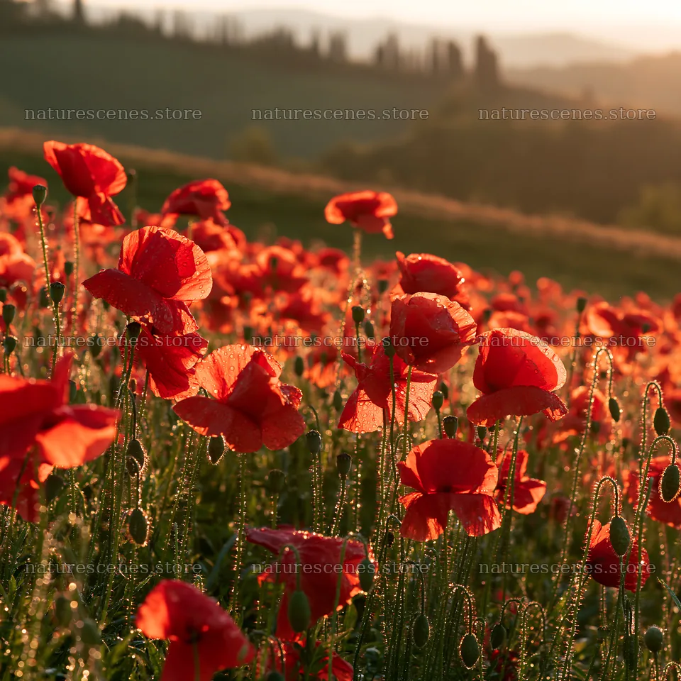 Rainwashed meadow with poppies in soft sunlight – nature scenes 7938x7938