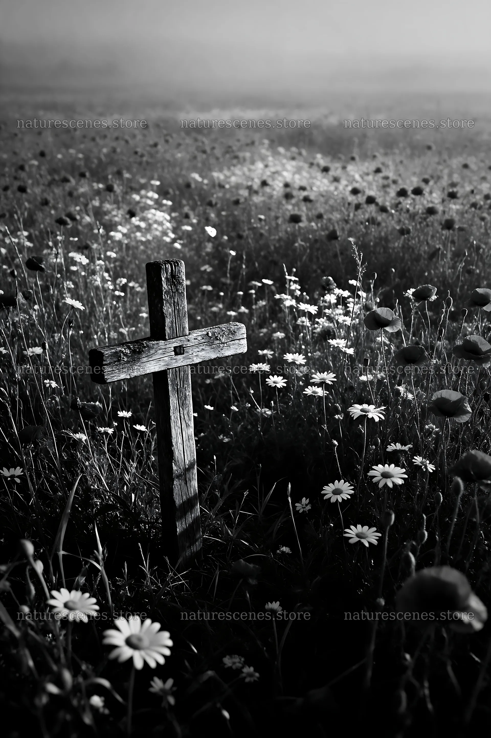 Weathered Christian cross in misty meadow with flowers – nature scenes 6480x9722