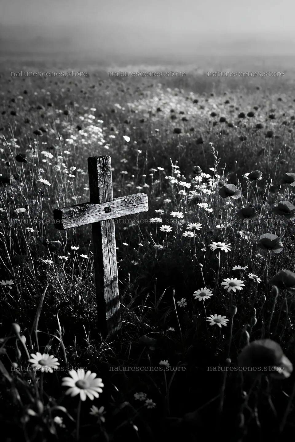 Weathered Christian cross in misty meadow with flowers – nature scenes 6480x9722