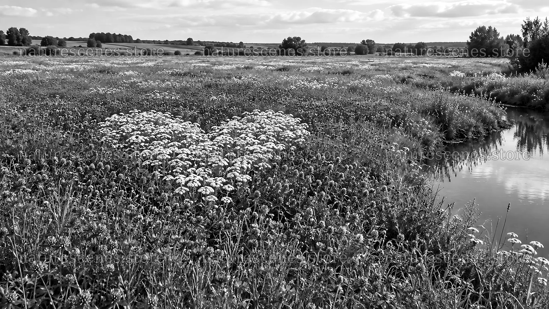 Heart-Like Wildflower Meadow by a Stream – nature scenes 10324x5812