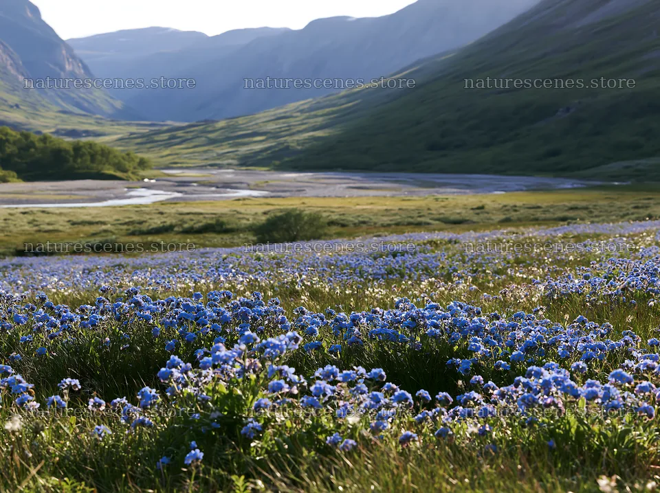 Climate-resilient meadow with blue flowers in a valley – nature scenes 9174x6866