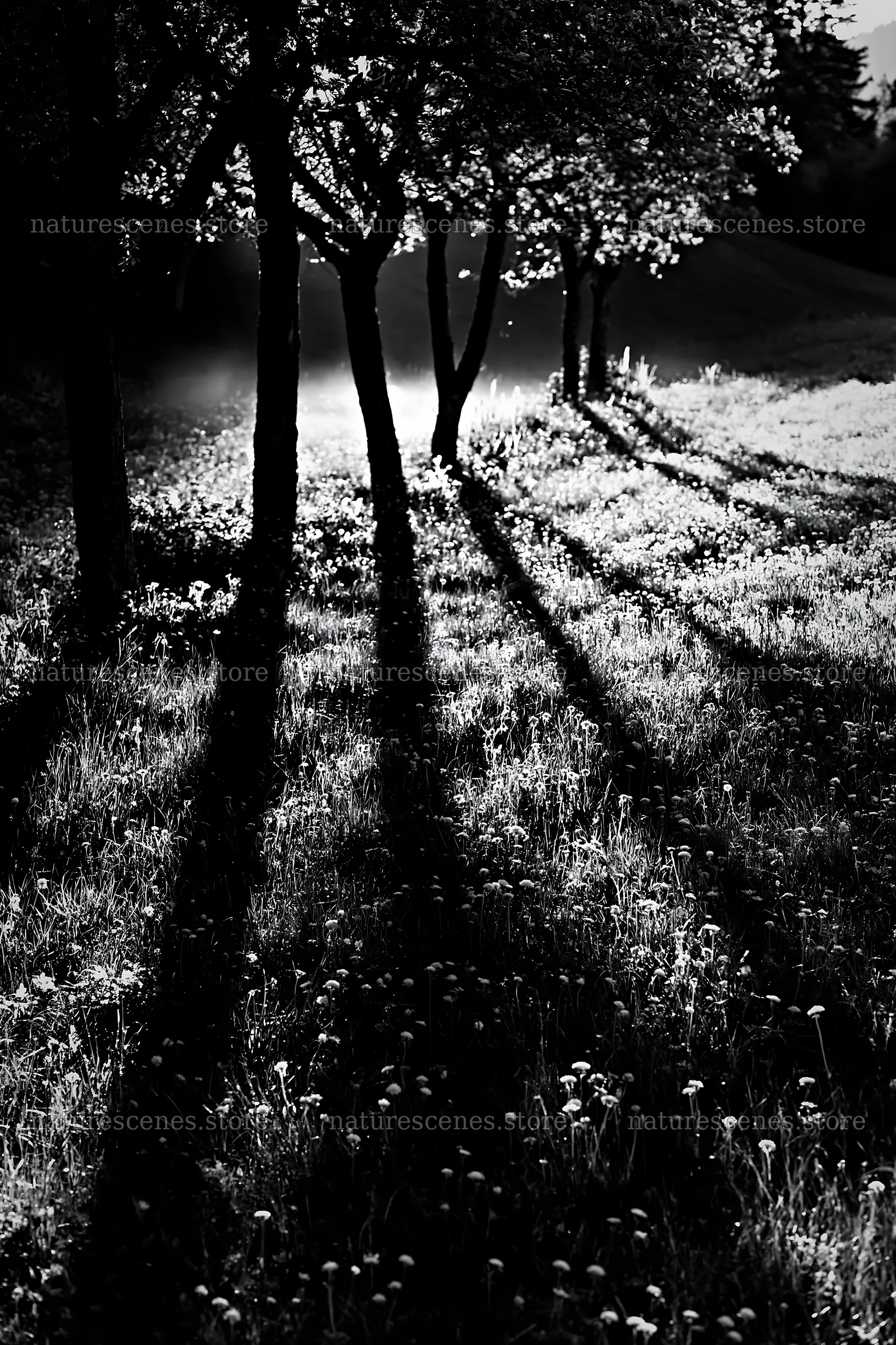Dandelions and shadows in an orchard meadow – nature scenes 6480x9722