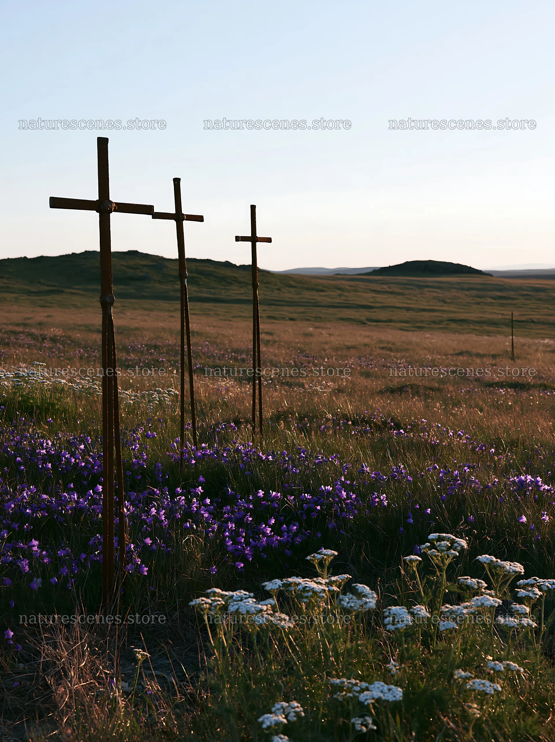 Three iron crosses in an Advent meadow at sunset – nature scenes 6866x9174