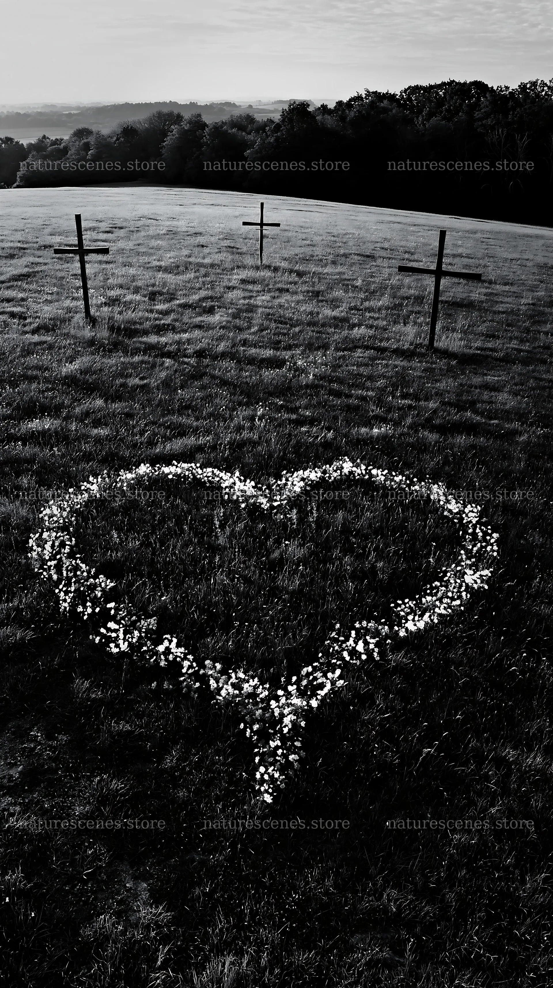 Three Christian crosses in a meadow with flowers – nature scenes 5938x10608