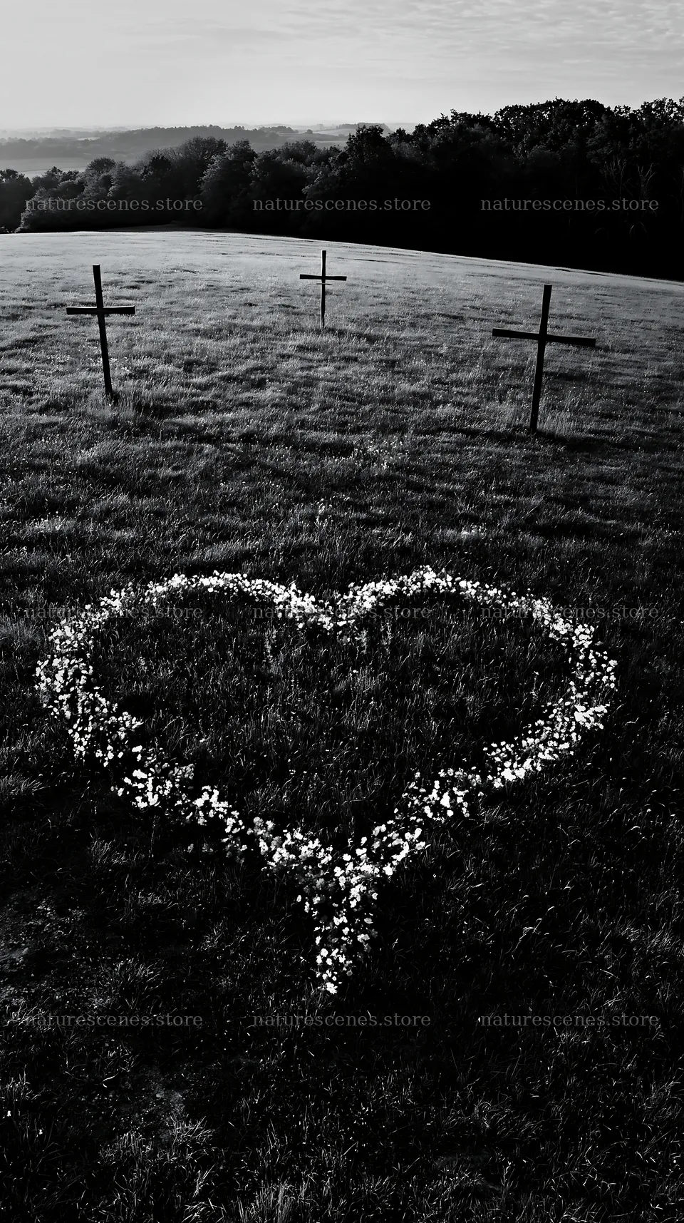 Three Christian crosses in a meadow with flowers – nature scenes 5938x10608