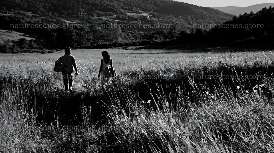 Couple walking through meadow in black and white – nature scenes 10608x5938
