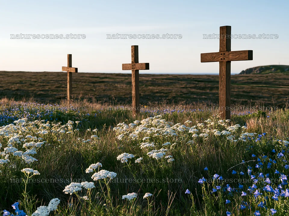 Three Christian crosses in a meadow during sunset – nature scenes 9174x6866
