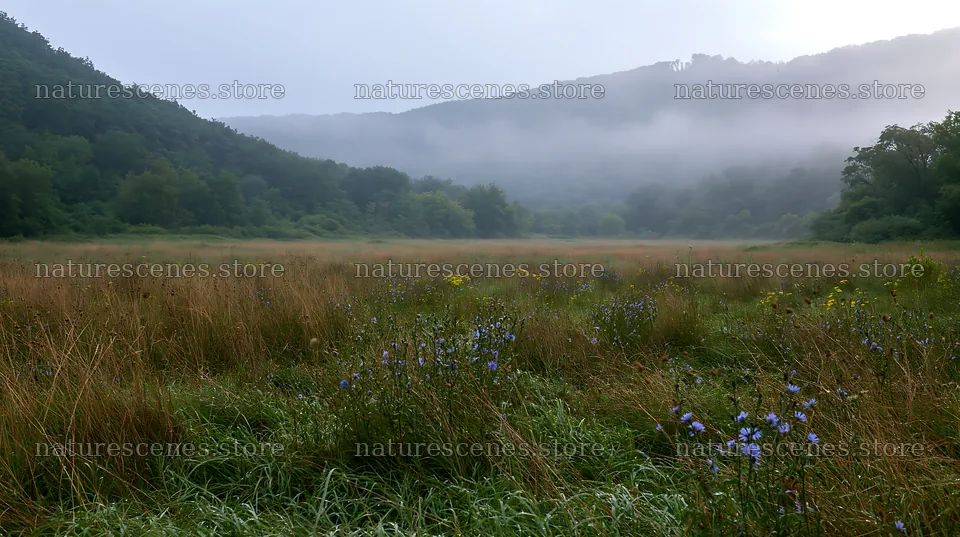 Hungarian meadow along wooded valley with fog in the morning – nature scenes 10608x5938
