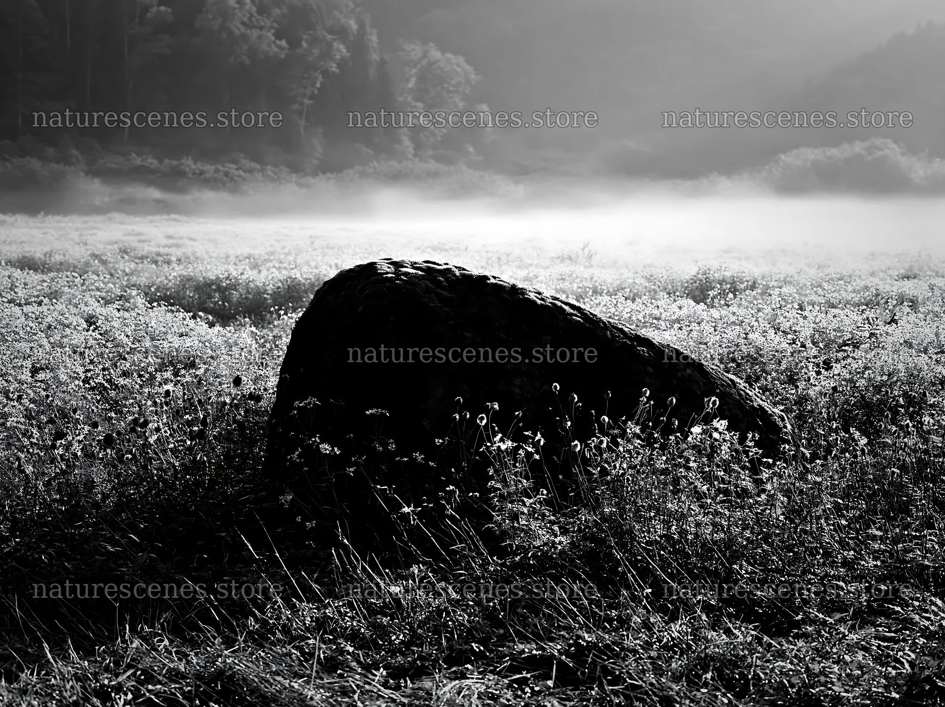 Moss covered stone in Shimane misty meadow – nature scenes 9174x6866
