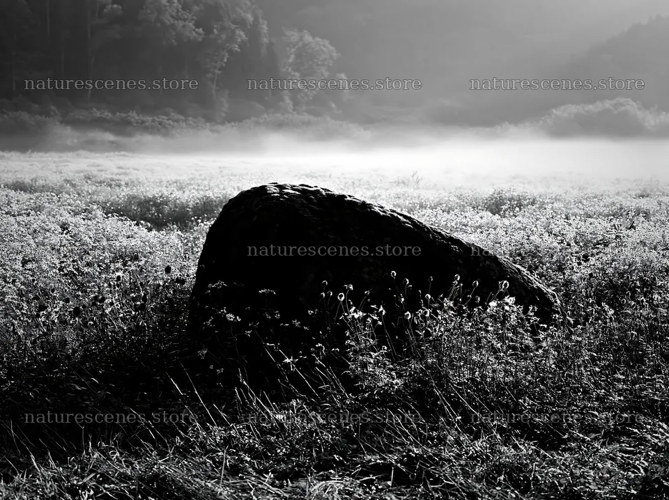 Moss covered stone in Shimane misty meadow – nature scenes 9174x6866