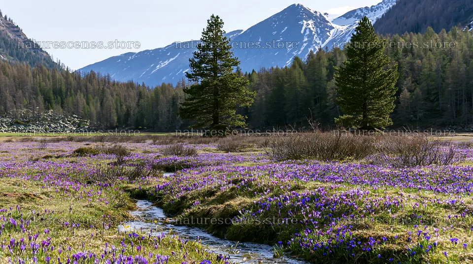 Pine forest meadow with flowers and mountains in the background – nature scenes 10608x5938