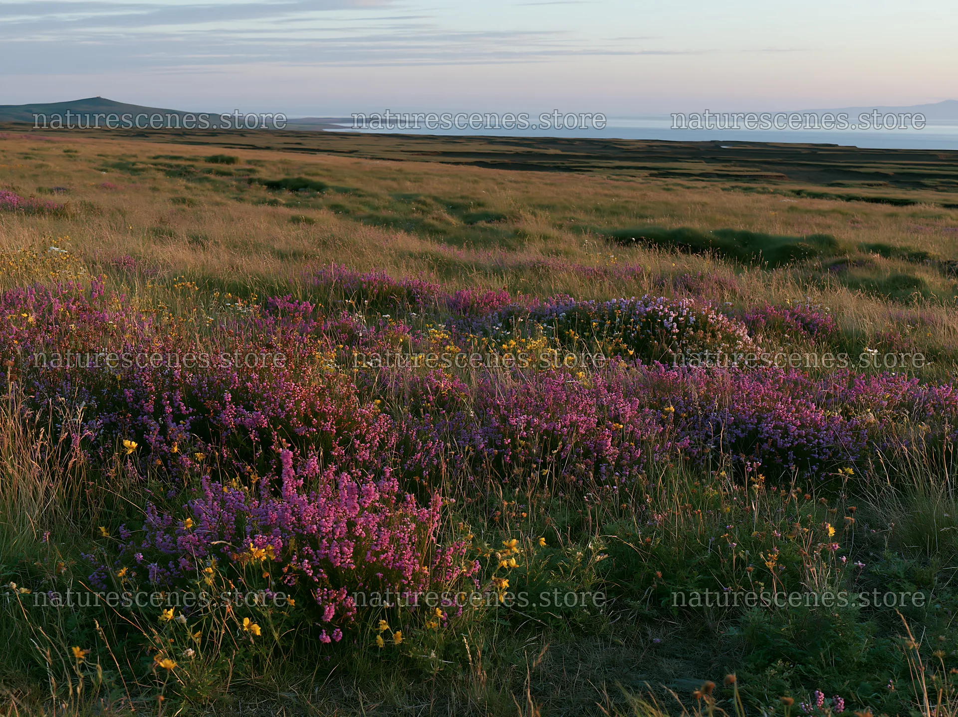 Aurora meadow coast with colorful wildflowers at sunset – nature scenes 9174x6866