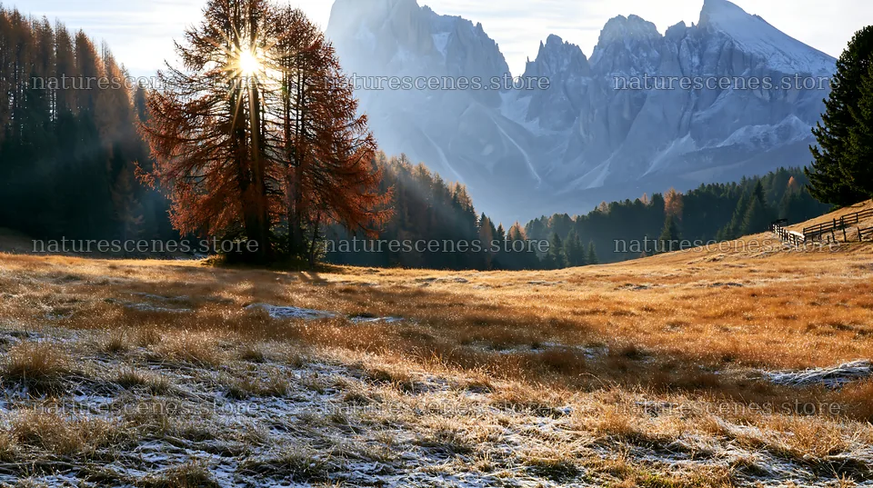 Sunbeams shining through trees in Alpe di Siusi meadow – nature scenes 10608x5938