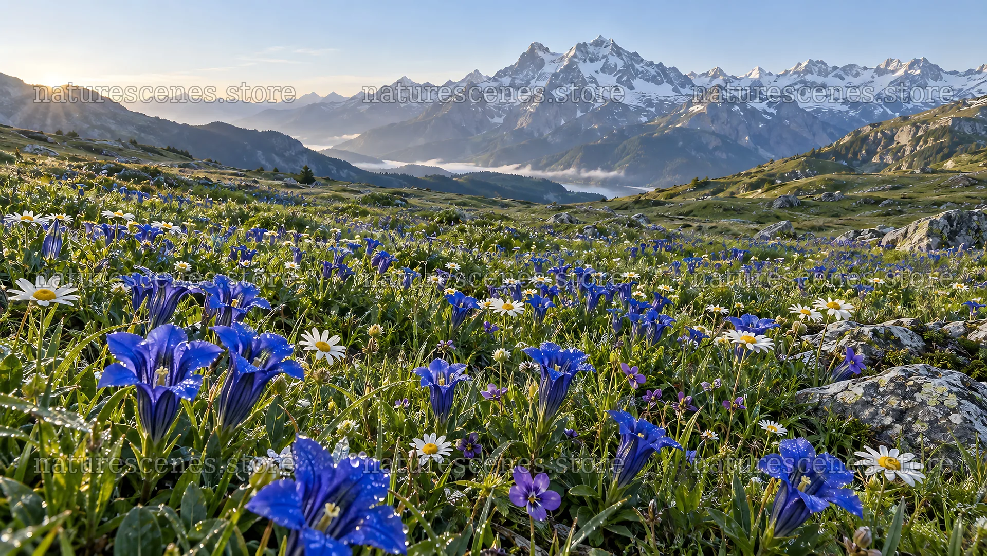 Alpine Wildflower Meadow Beneath Snowy Peaks – nature scenes 10324x5812