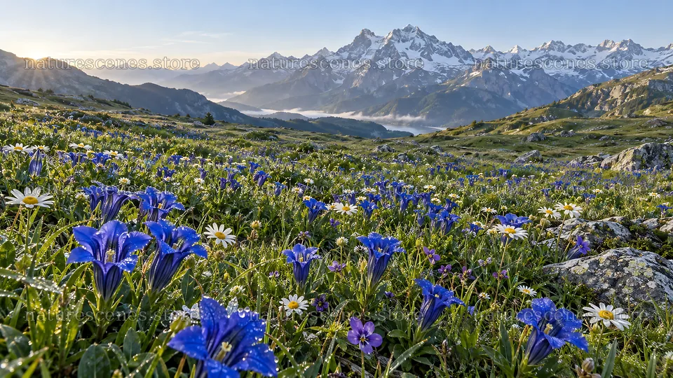 Alpine Wildflower Meadow Beneath Snowy Peaks – nature scenes 10324x5812