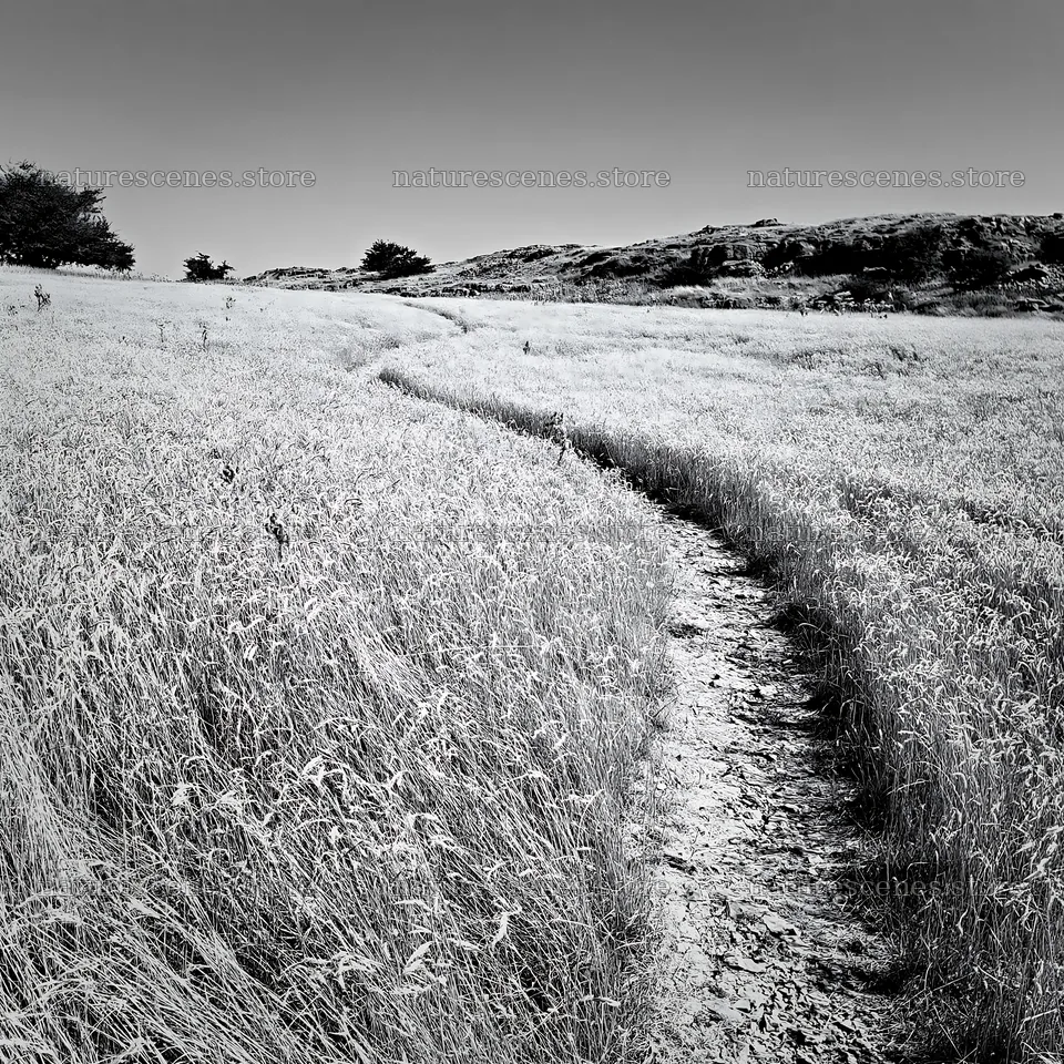 Curved path through a meadow with seedheads in black and white – nature scenes 7938x7938