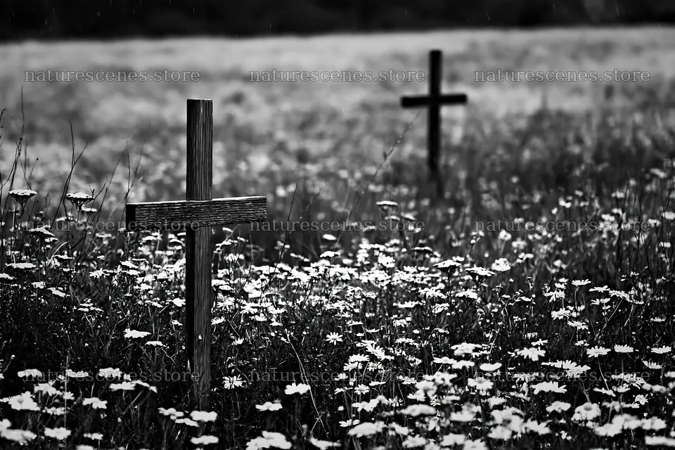 Christian crosses in a rain-soaked meadow with flowers – nature scenes 9722x6480