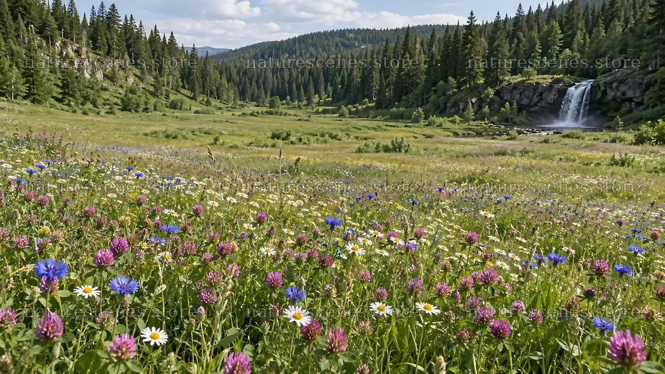 Wildflower Meadow in a Forested Mountain Valley – nature scenes 10324x5812