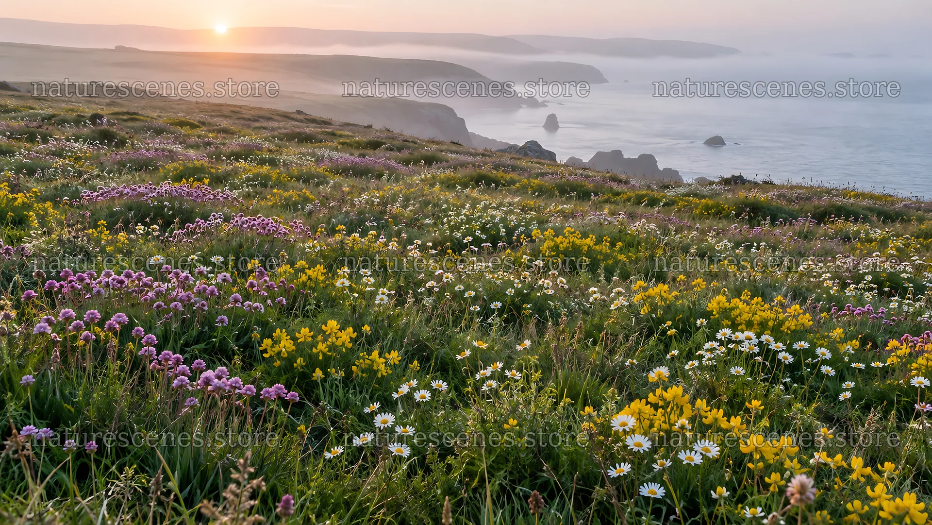 Wildflower Meadow Above a Misty Coast at Sunrise – nature scenes 10324x5812