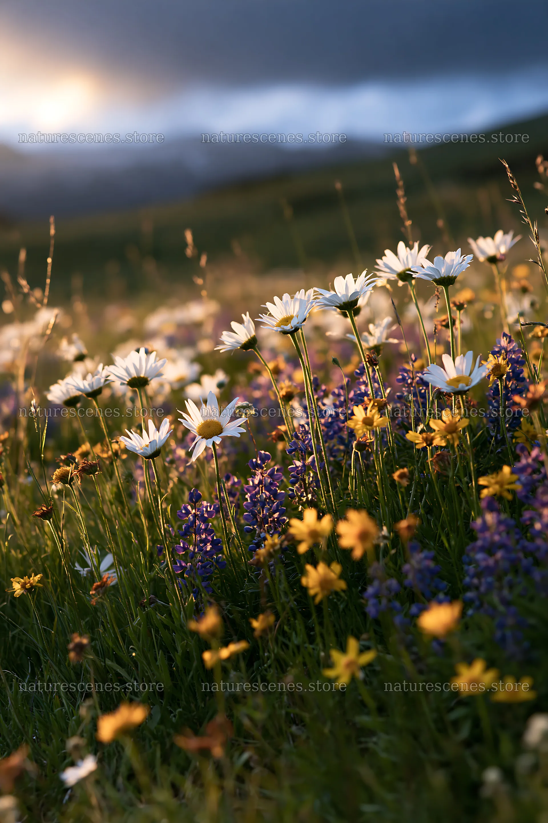 Snowy highland meadow with wildflowers at sunset – nature scenes 6480x9722