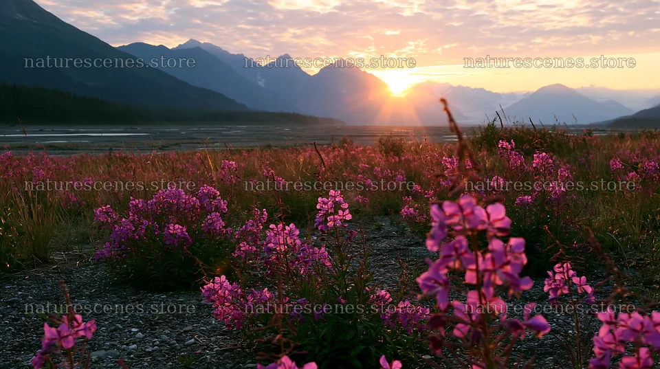 Fireweed meadow at sunset in the mountains – nature scenes 10608x5938