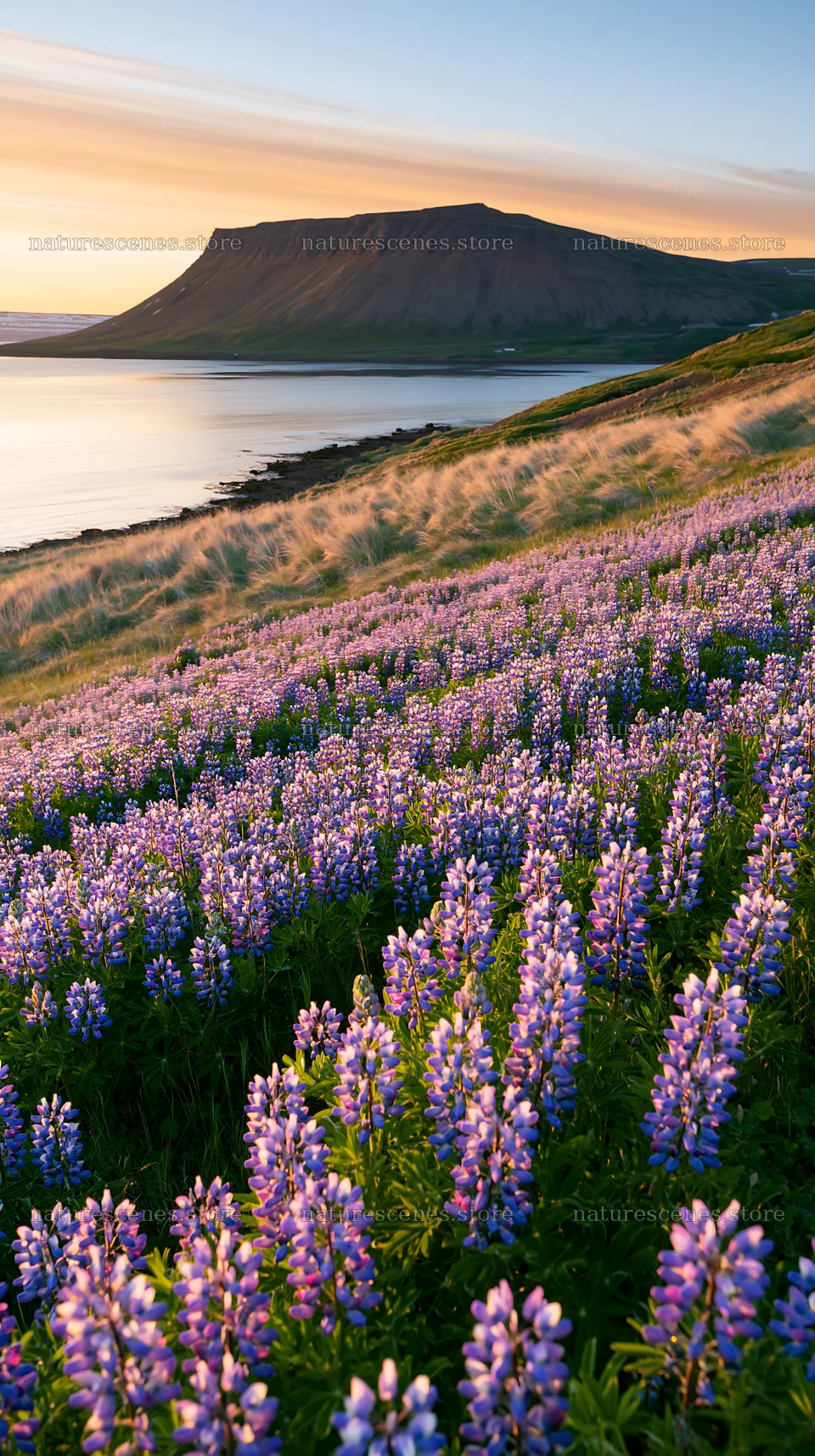 Lupin meadow foreground with mountains and water in the background – nature scenes 5938x10608
