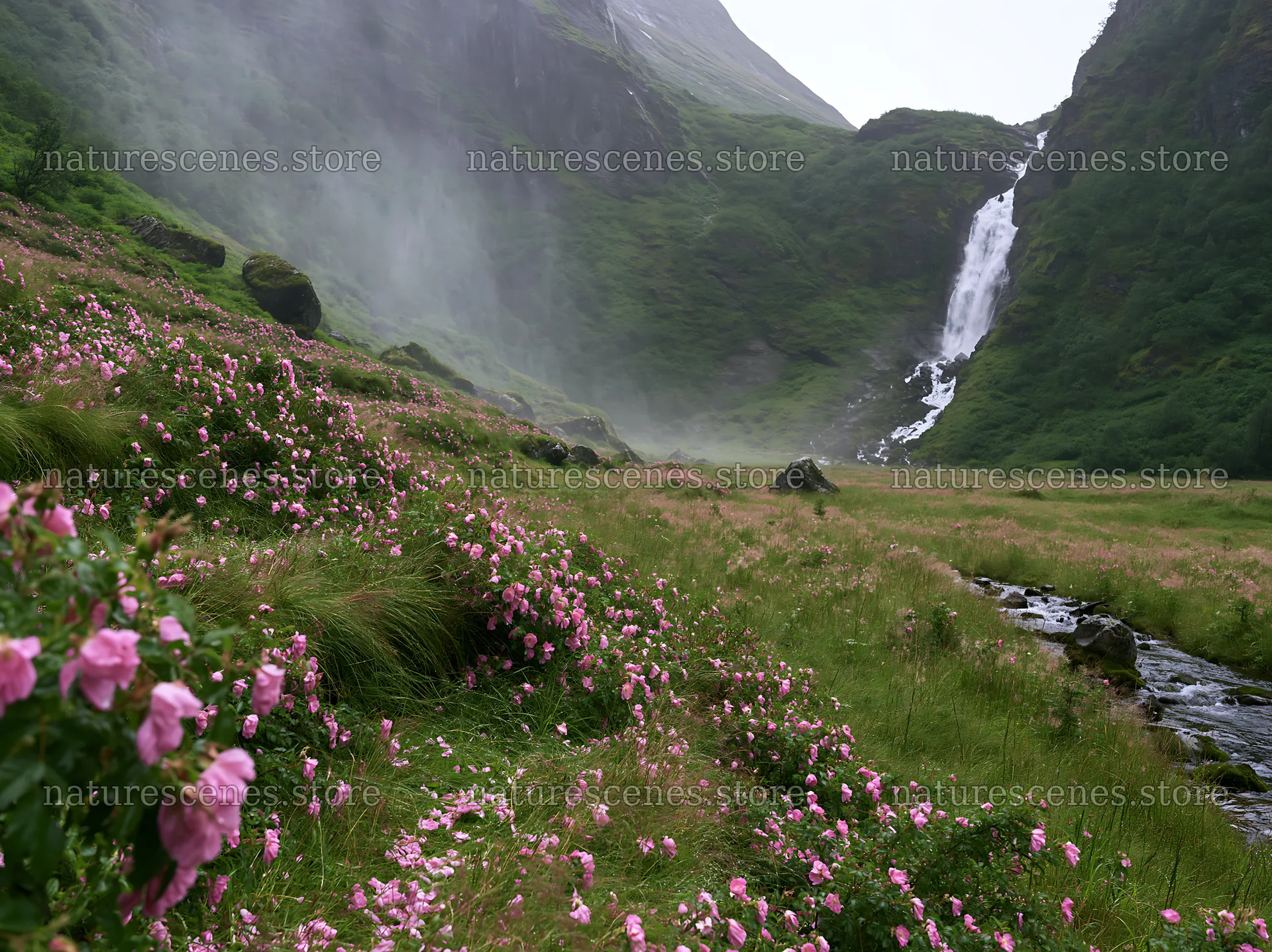 Rose meadow near waterfall with soft spray in nature – nature scenes 9174x6866