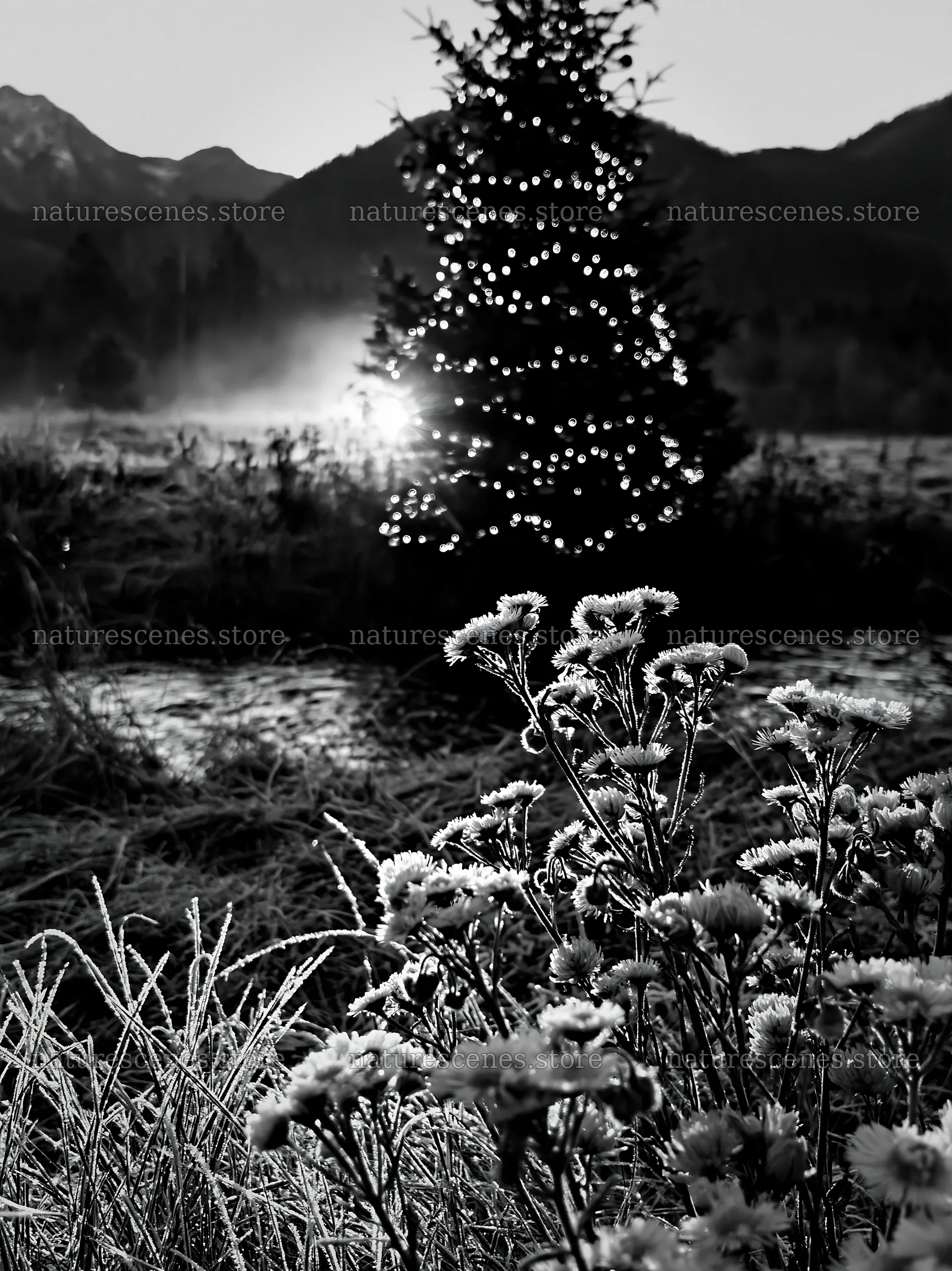 Christmas tree with lights beside stream in meadow – nature scenes 6866x9174