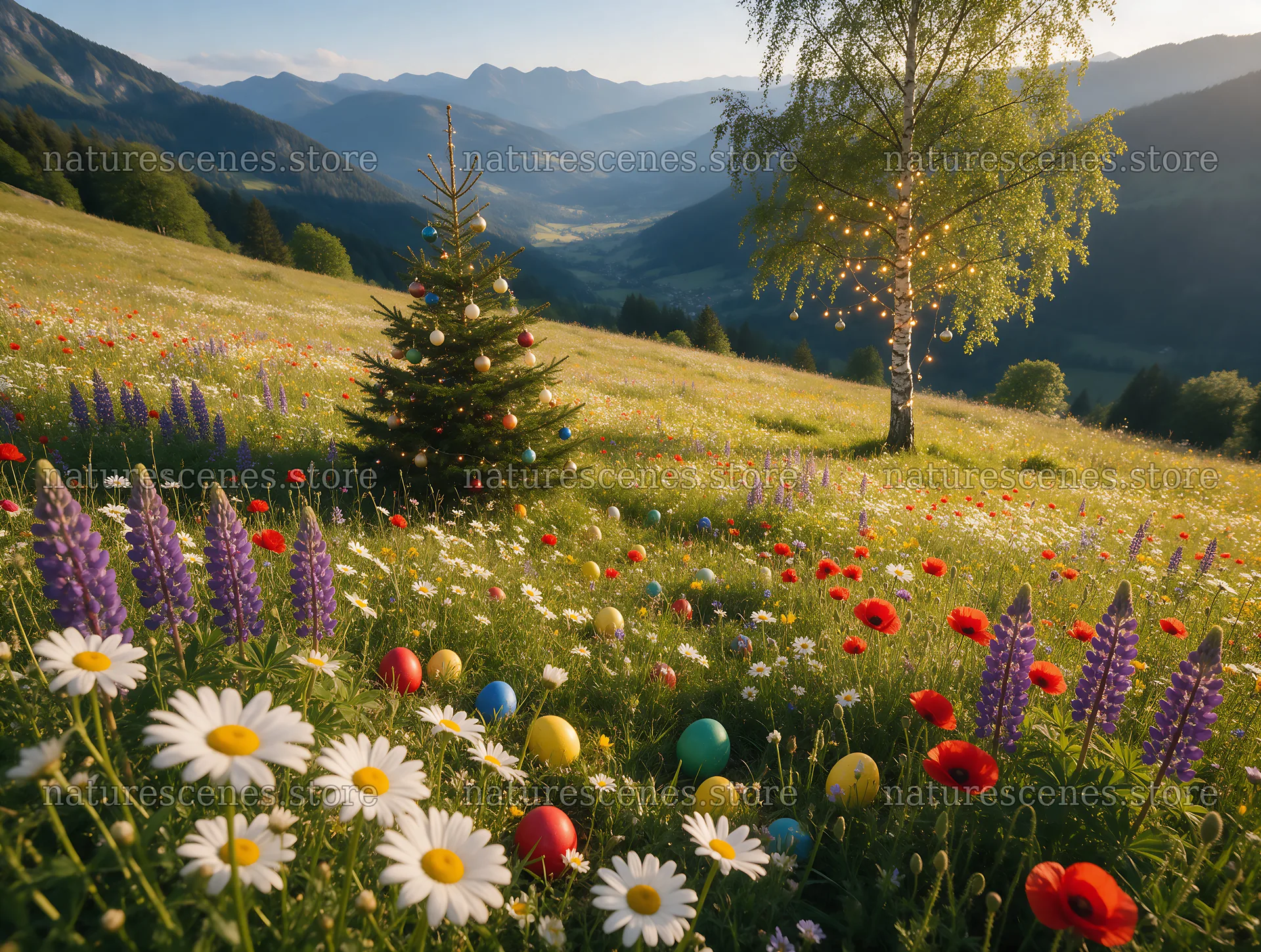 Christmas tree in mountain valley meadow with flowers – nature scenes 9134x6898
