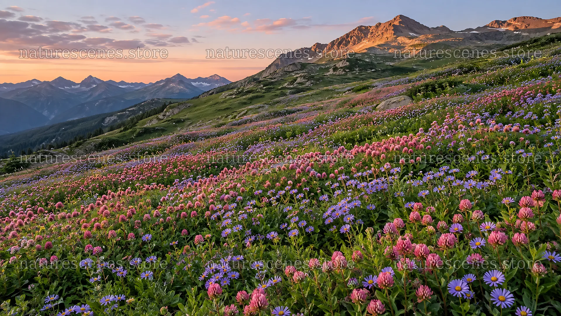 Wildflower meadow beneath mountains at sunset – nature scenes 10324x5812