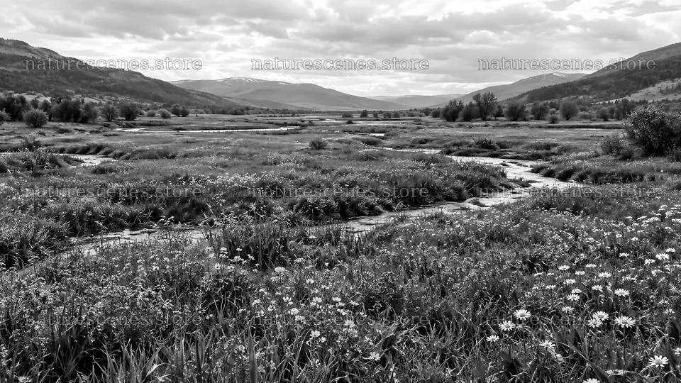 Wildflower Meadow in a Mountain Valley, Monochrome – nature scenes 10324x5812