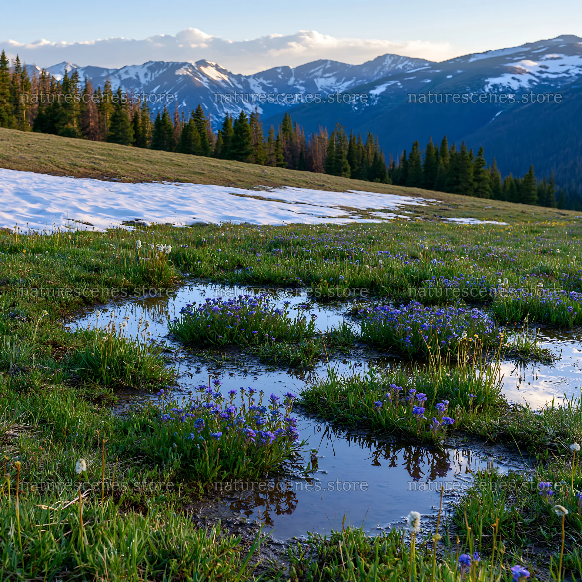 Snowy meadow in Rocky Mountain Park with wildflowers and mountains – nature scenes 7938x7938