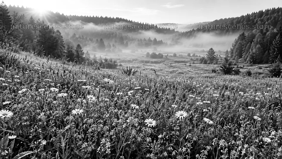 Black and White Forest Clearing with Mist – nature scenes 10324x5812
