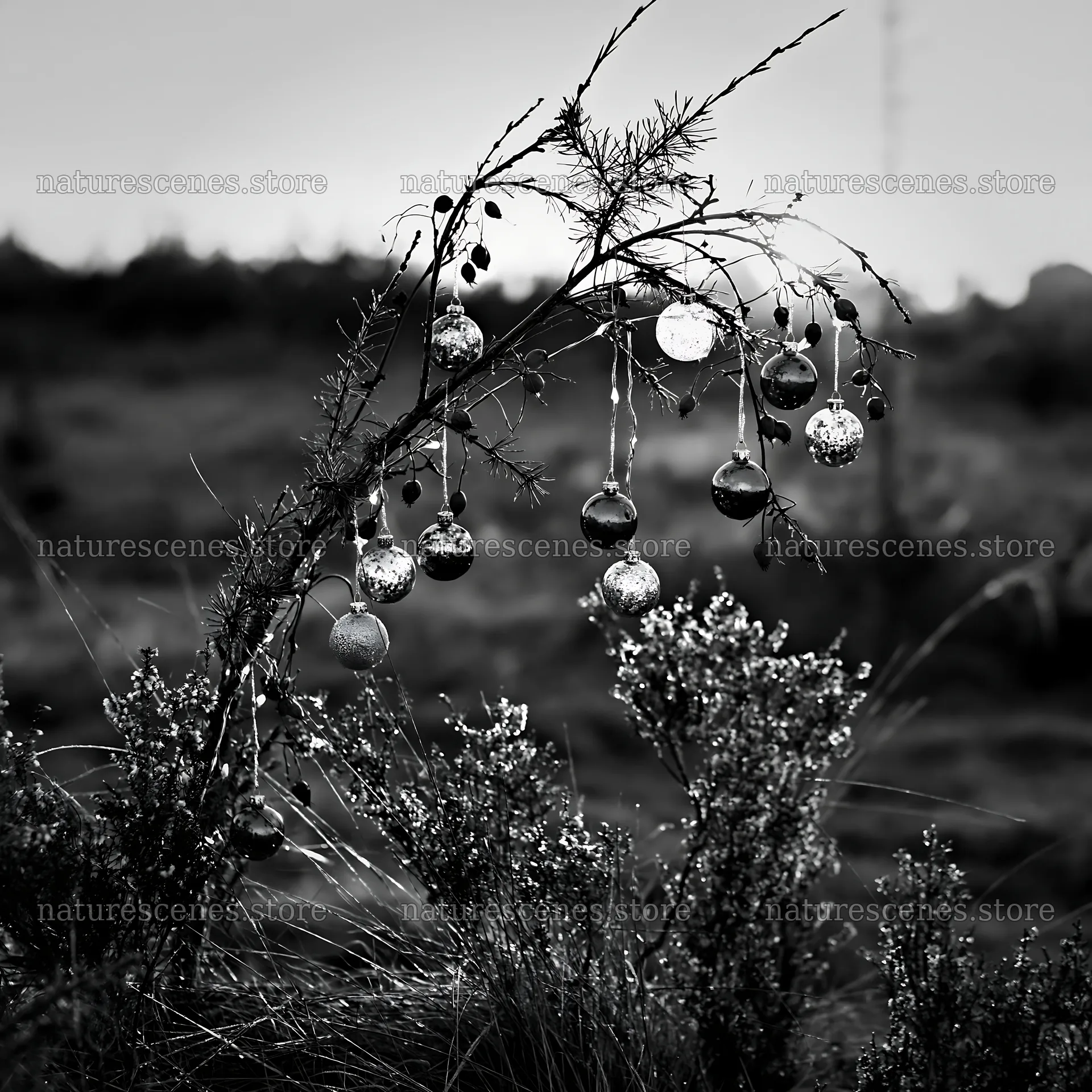 Christmas meadow with baubles on a branch in autumn setting – nature scenes 7938x7938