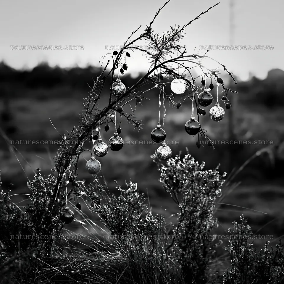 Christmas meadow with baubles on a branch in autumn setting – nature scenes 7938x7938
