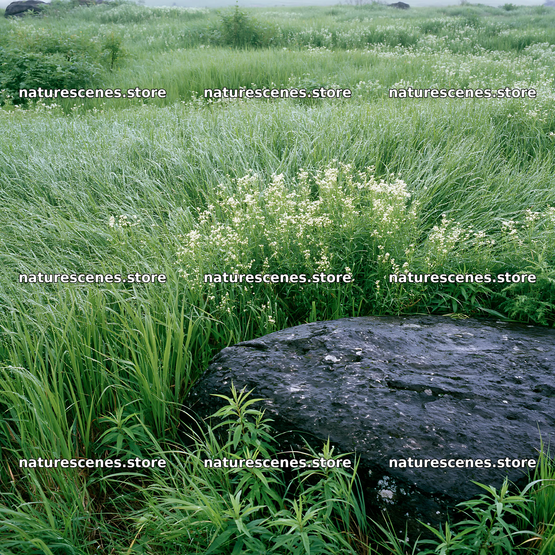 Expansive Hokkaido restoration meadow with dewdrops – nature scenes 7938x7938