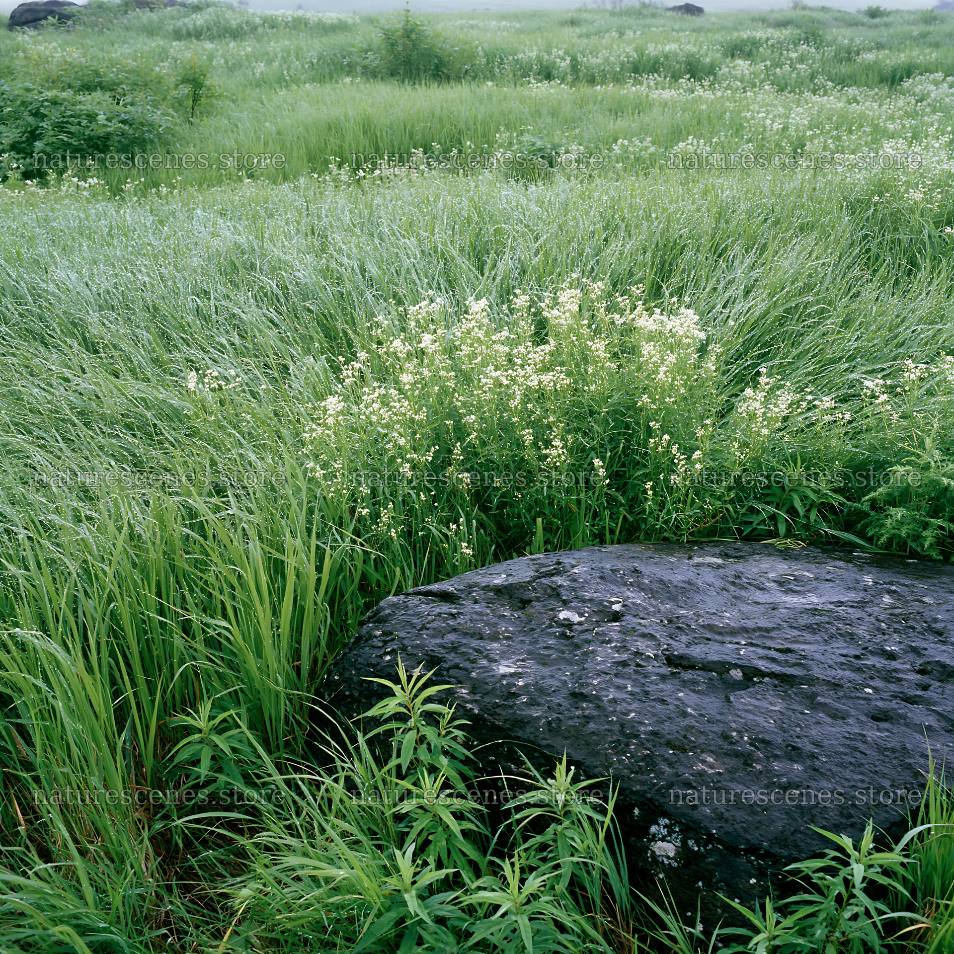 Expansive Hokkaido restoration meadow with dewdrops – nature scenes 7938x7938