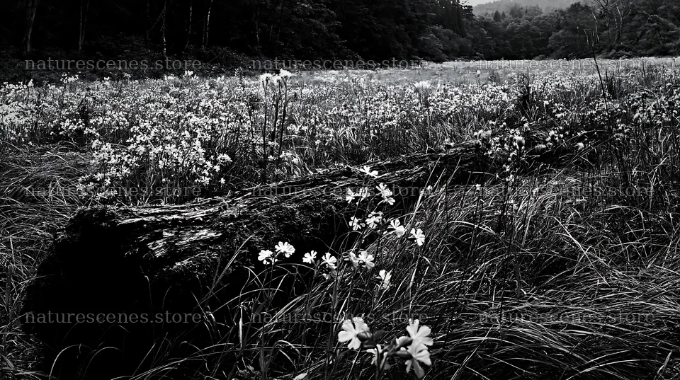 Mossy log in Gifu low carbon meadow with wildflowers – nature scenes 10608x5938