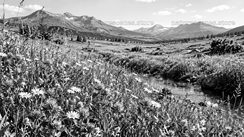 Black-and-White Mountain Meadow and Stream – nature scenes 10324x5812