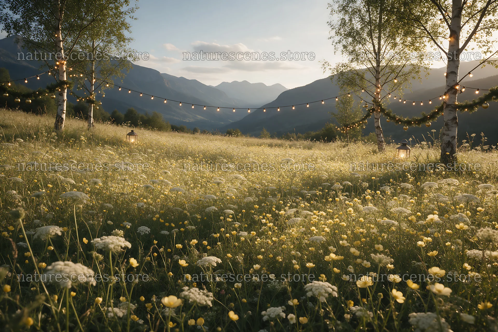 Christmas string lights in mountain valley meadow at sunset – nature scenes 9722x6480