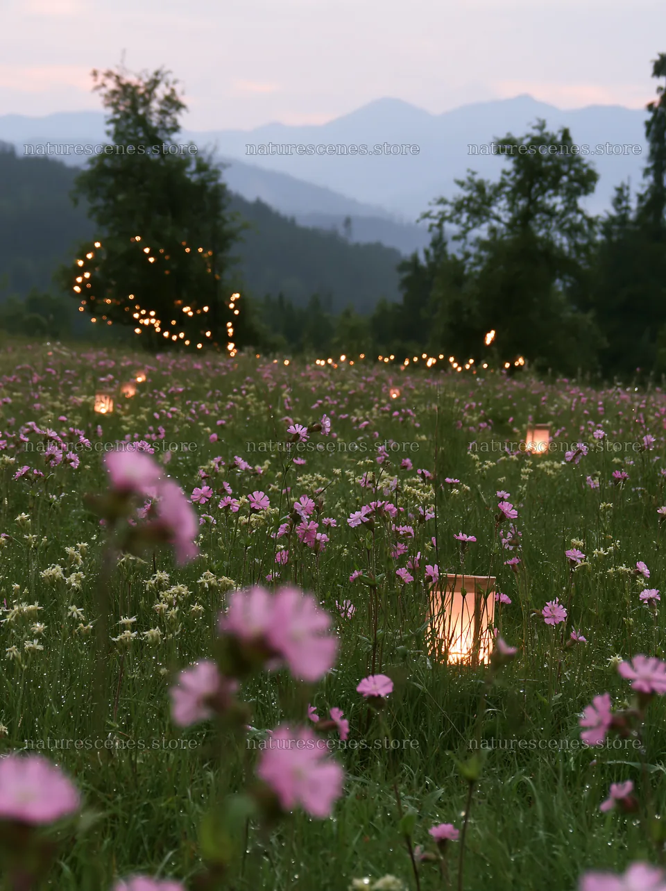 Vast meadow with flowers and lights in Tatra Mountains at dusk – nature scenes 6866x9174