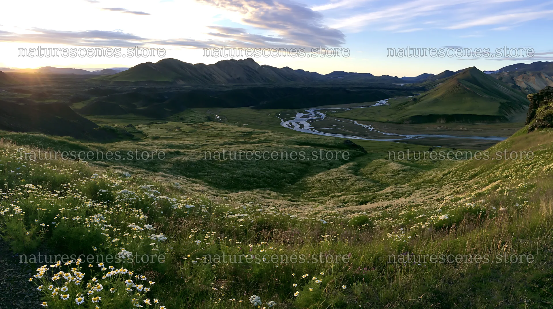 Meadow landscape with river and mountains at sunset – nature scenes 10608x5938