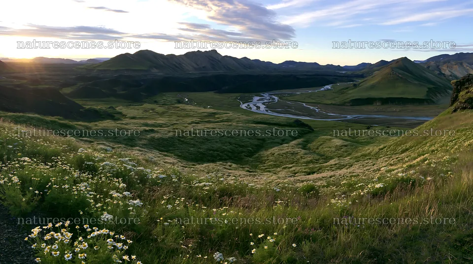 Meadow landscape with river and mountains at sunset – nature scenes 10608x5938