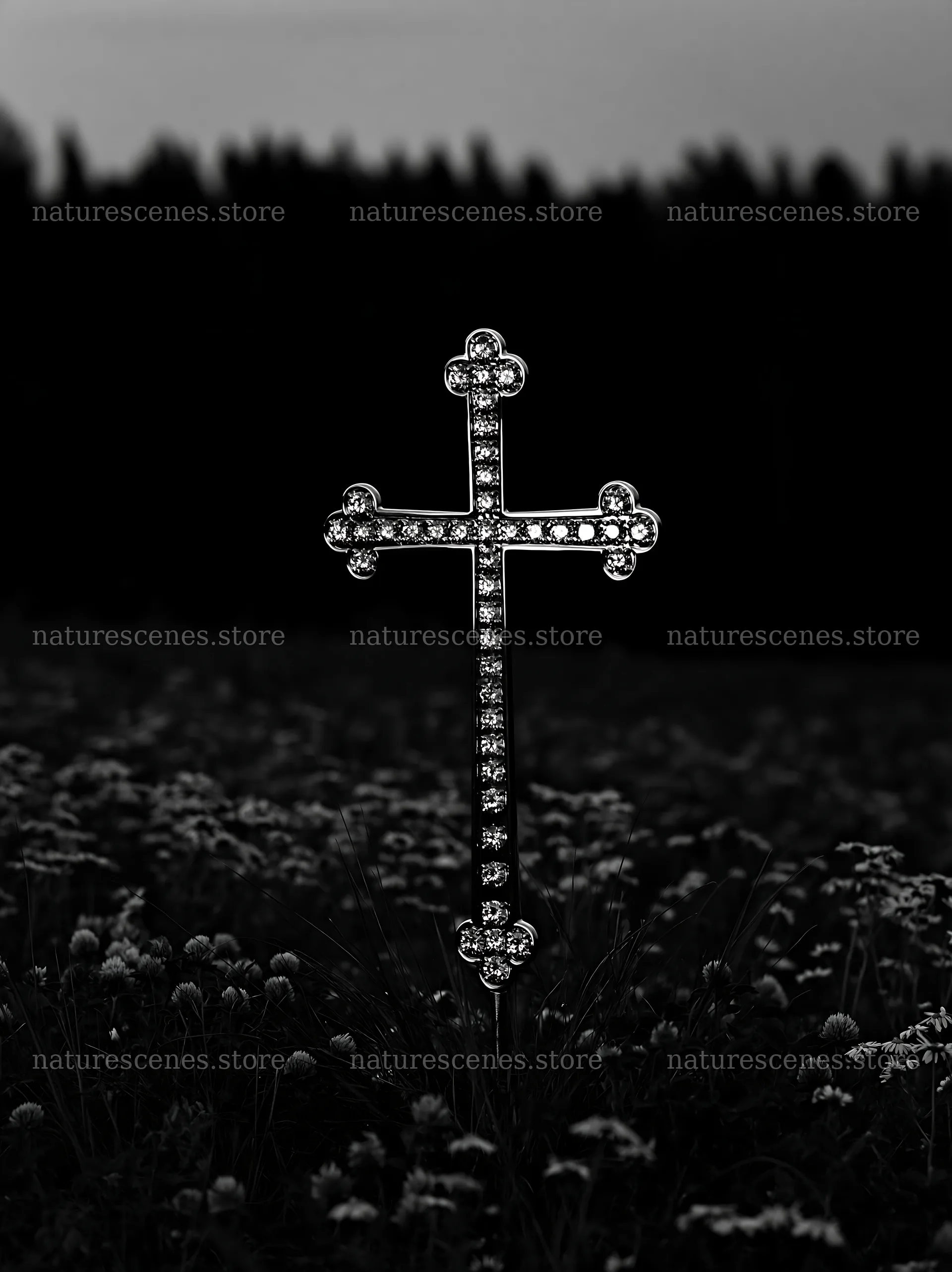 Christian cross stands in a meadow during blue hour – nature scenes 6866x9174
