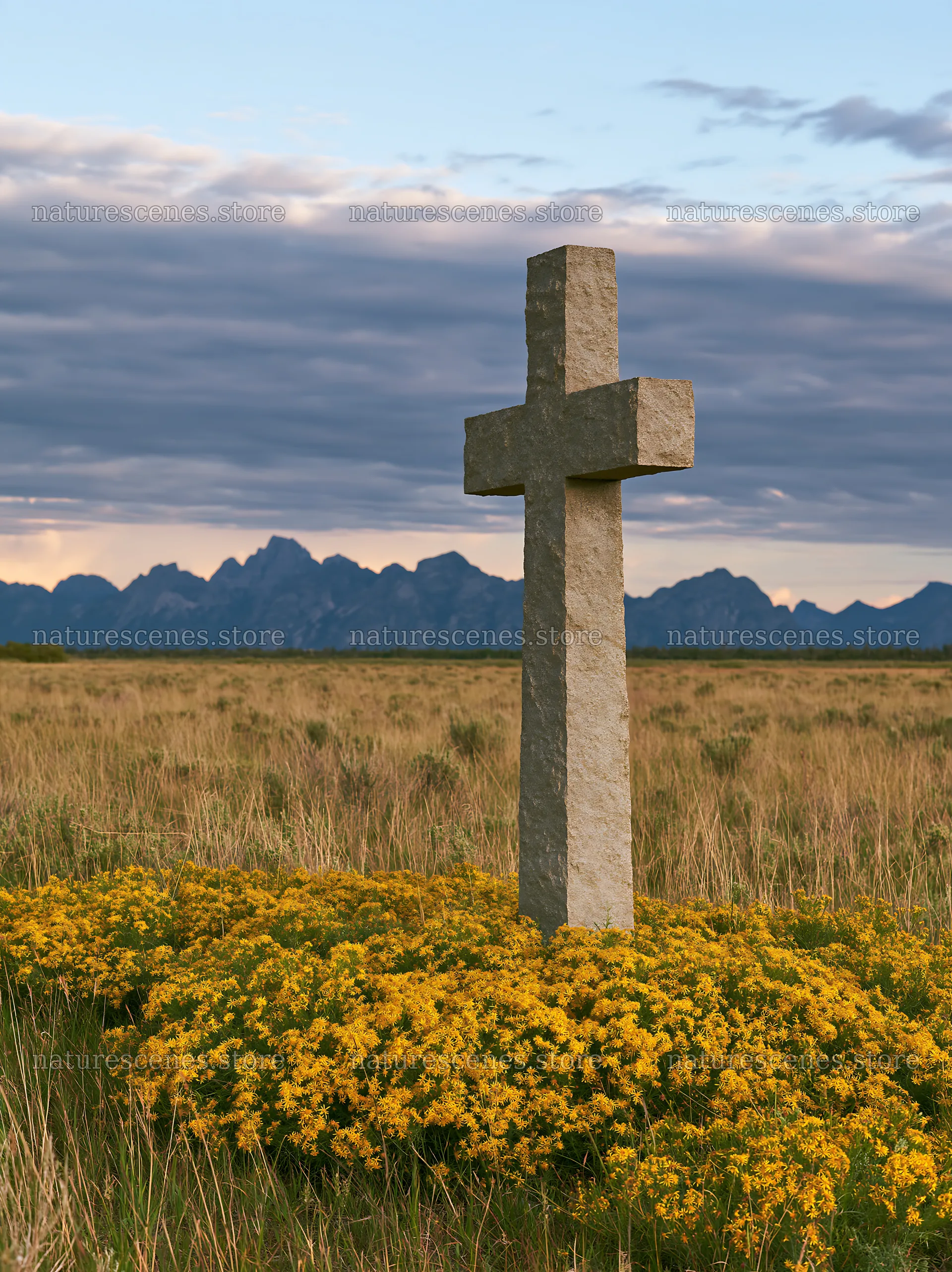 Christian cross stands in yellow wildflower meadow – nature scenes 6866x9174