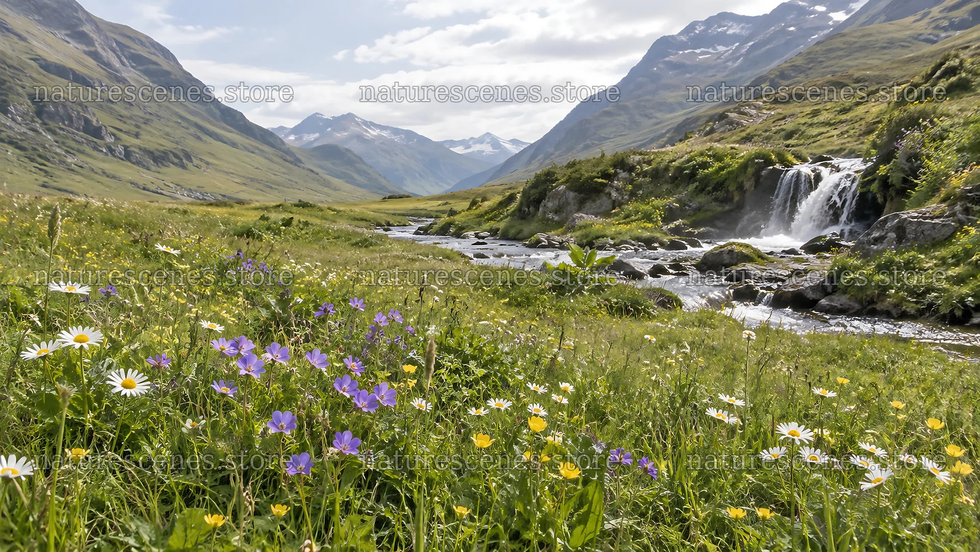 Colorful Wildflowers Beside a Mountain Stream – nature scenes 10324x5812