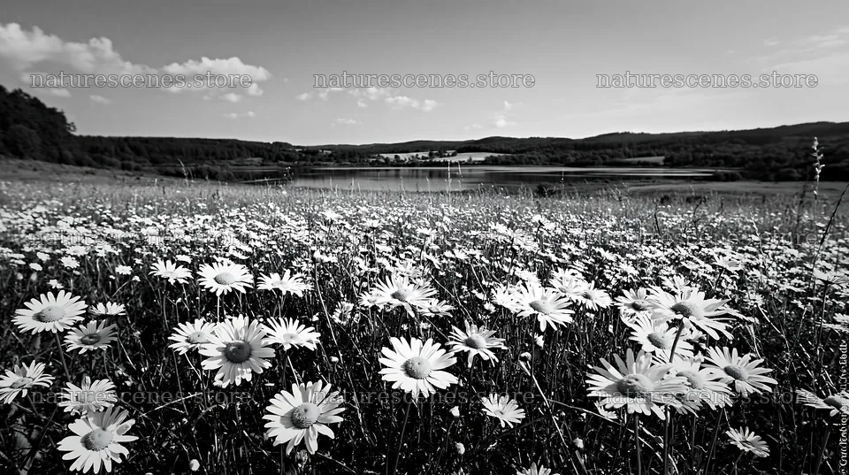 Lakeside meadow with daisies in Germany during the day – nature scenes 10608x5938